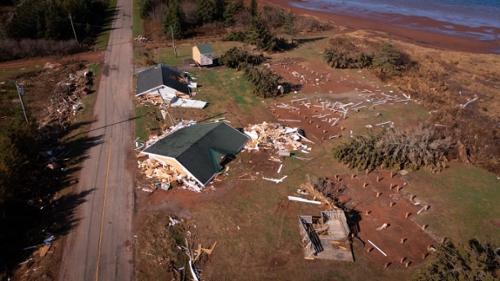 This drone photo shows the extensive damage post-tropical storm Fiona caused at Rustico Resort located on Rustico Bay on P.E.I.'s north shore. (Shane Hennessey/CBC)